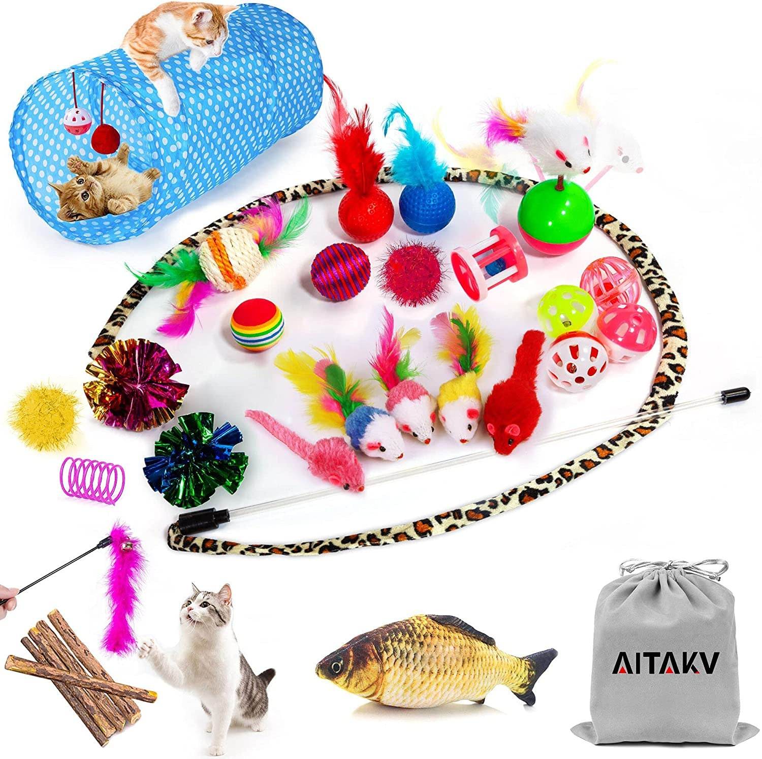 35 PCS Cat Toys Kitten Toys Assortments,Variety Catnip Toy Set Including 2 Way Tunnel,Cat Feather Teaser,Catnip Fish,Mice,Colorful Balls and Bells for Cat,Puppy,Kitty