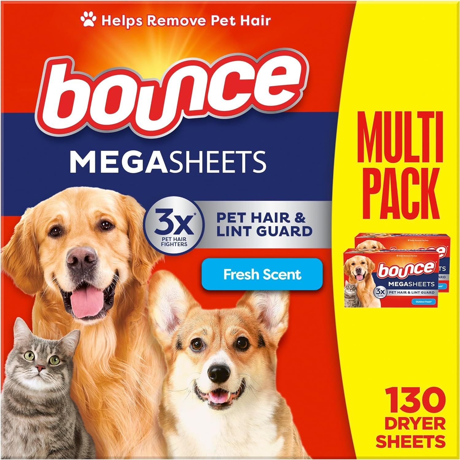 Pet Hair and Lint Guard Mega Dryer Sheets with 3X Pet Hair Fighters, Fresh Scent, 130 Count,  Dryer Sheets, Fabric Softener Sheets
