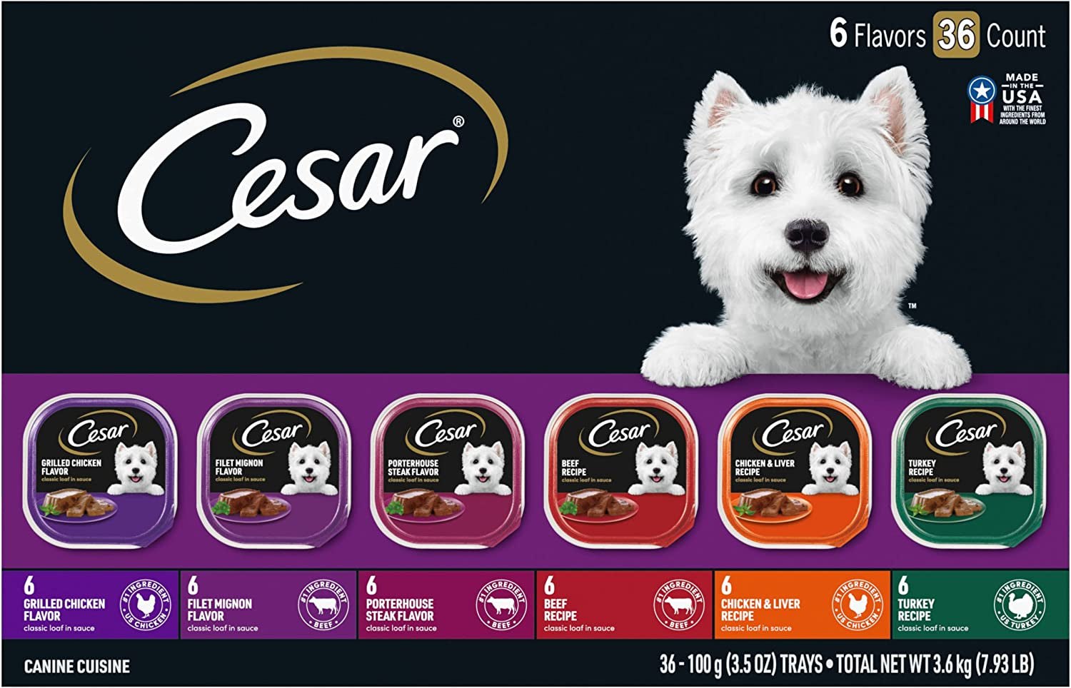 Wet Dog Food Classic Loaf in Sauce Grilled Chicken, Filet Mignon, Porterhouse Steak, Beef, Chicken & Liver and Turkey Variety Pack 3.5 Oz. Easy Peel Trays (36 Count, Pack of 1)