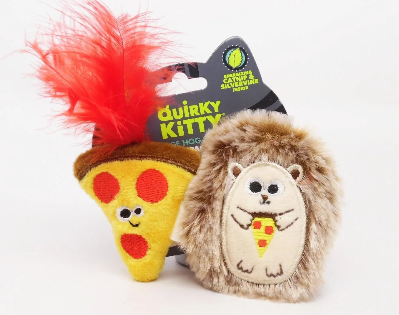 2-Piece Plush & Crinkly Cat Toy Set with Hedgehog & Pizza, Brown (2 Pack)
