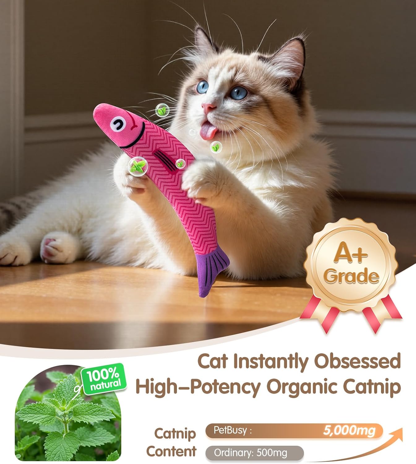 Interactive Cat Toys with [5000Mg A+ Organic Catnip] [Baby Grade] Soft Chew Kicker Cat Toys for Indoor Cats & Kittens,Crinkle &Rattle Fish Sound Toy,Drives Bored Cats Crazy with Fun,2 Pack