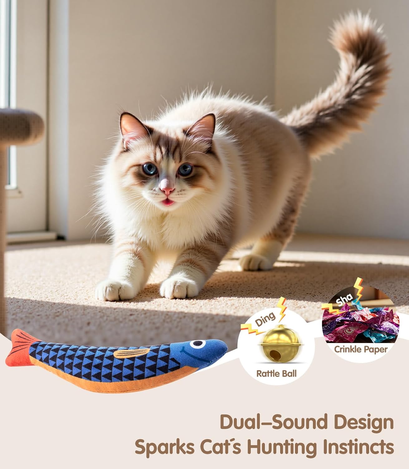 Interactive Cat Toys with [5000Mg A+ Organic Catnip] [Baby Grade] Soft Chew Kicker Cat Toys for Indoor Cats & Kittens,Crinkle &Rattle Fish Sound Toy,Drives Bored Cats Crazy with Fun,2 Pack