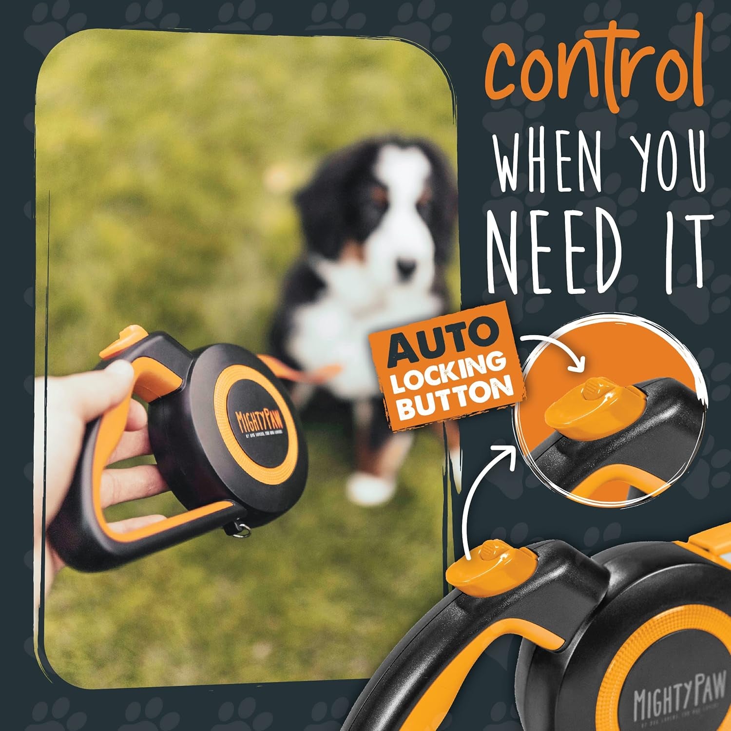 Retractable Dog Leash 2.0 | 16' Heavy Duty Reflective Nylon Tape Lead for Pets up to 0-50 Lbs. Tangle Free Design W/One Touch Quick-Lock Braking System & Anti-Slip Handle (Orange/Lite)