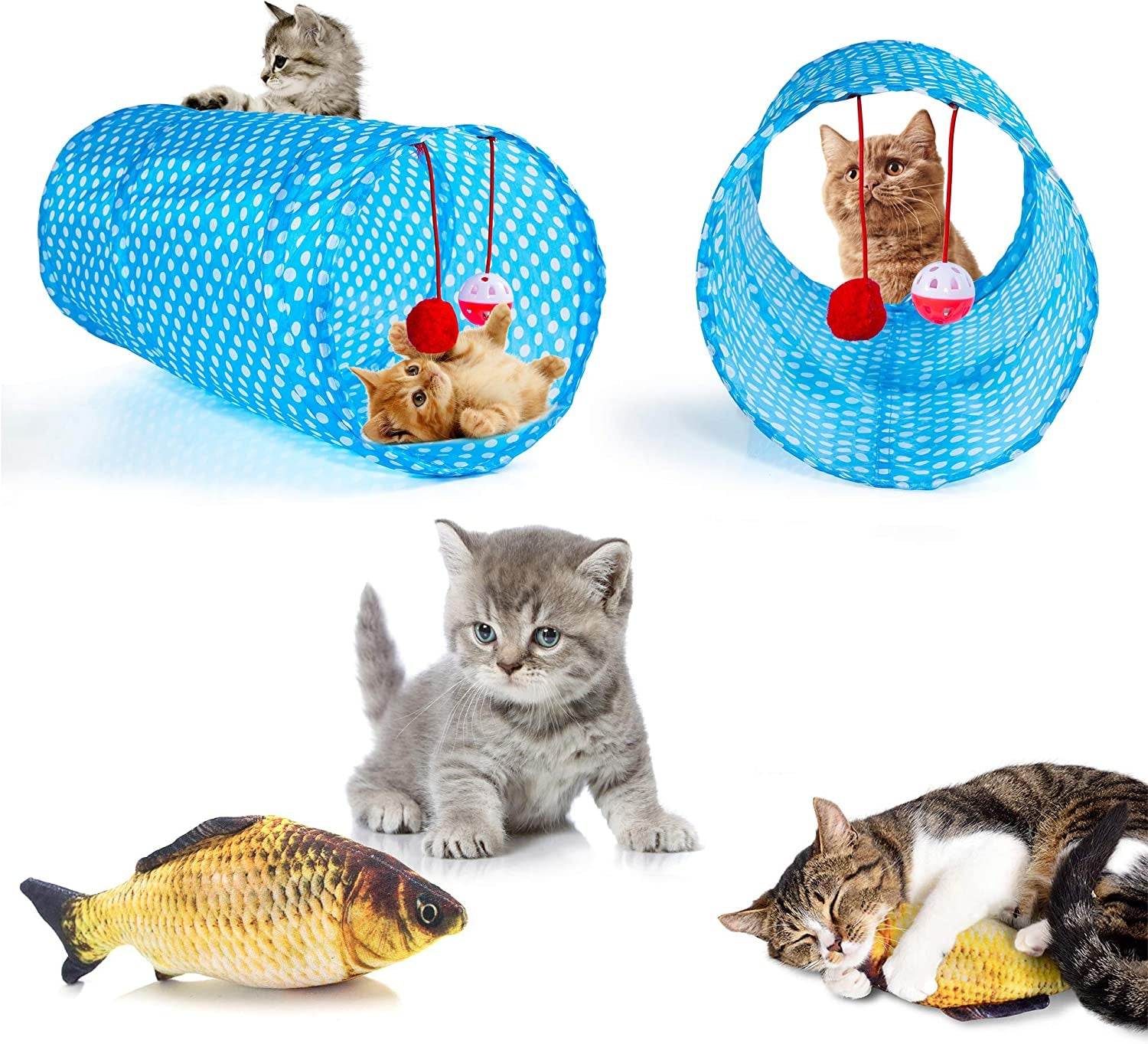 35 PCS Cat Toys Kitten Toys Assortments,Variety Catnip Toy Set Including 2 Way Tunnel,Cat Feather Teaser,Catnip Fish,Mice,Colorful Balls and Bells for Cat,Puppy,Kitty
