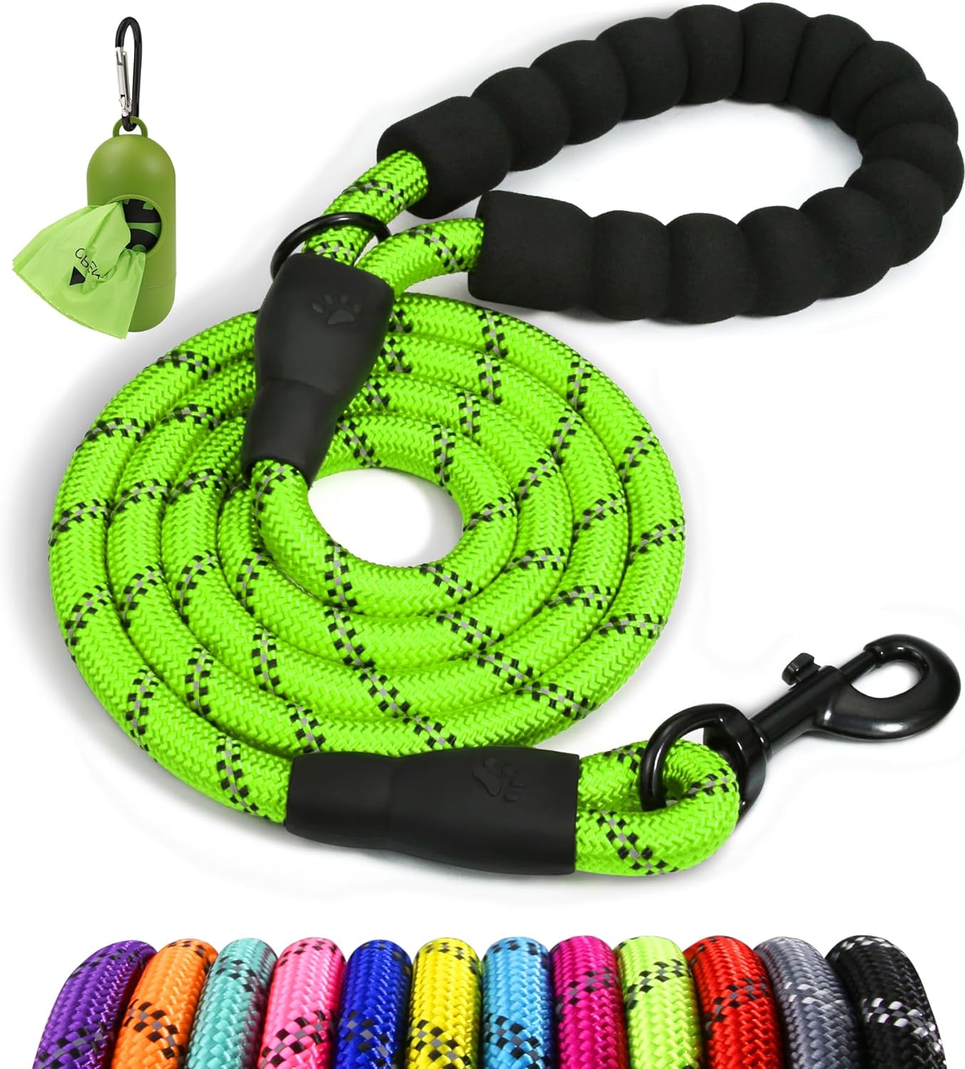 Rope Dog Leash 6 FT with Comfortable Padded Handle, Highly Reflective Threads Leash for Medium Large Dogs, 1/2 Inch, Black