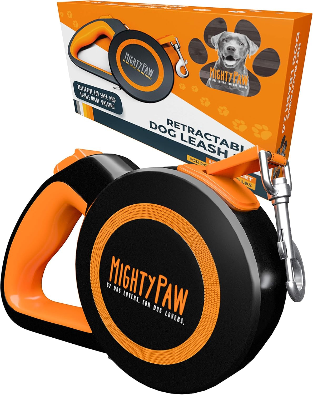 Retractable Dog Leash 2.0 | 16' Heavy Duty Reflective Nylon Tape Lead for Pets up to 0-50 Lbs. Tangle Free Design W/One Touch Quick-Lock Braking System & Anti-Slip Handle (Orange/Lite)