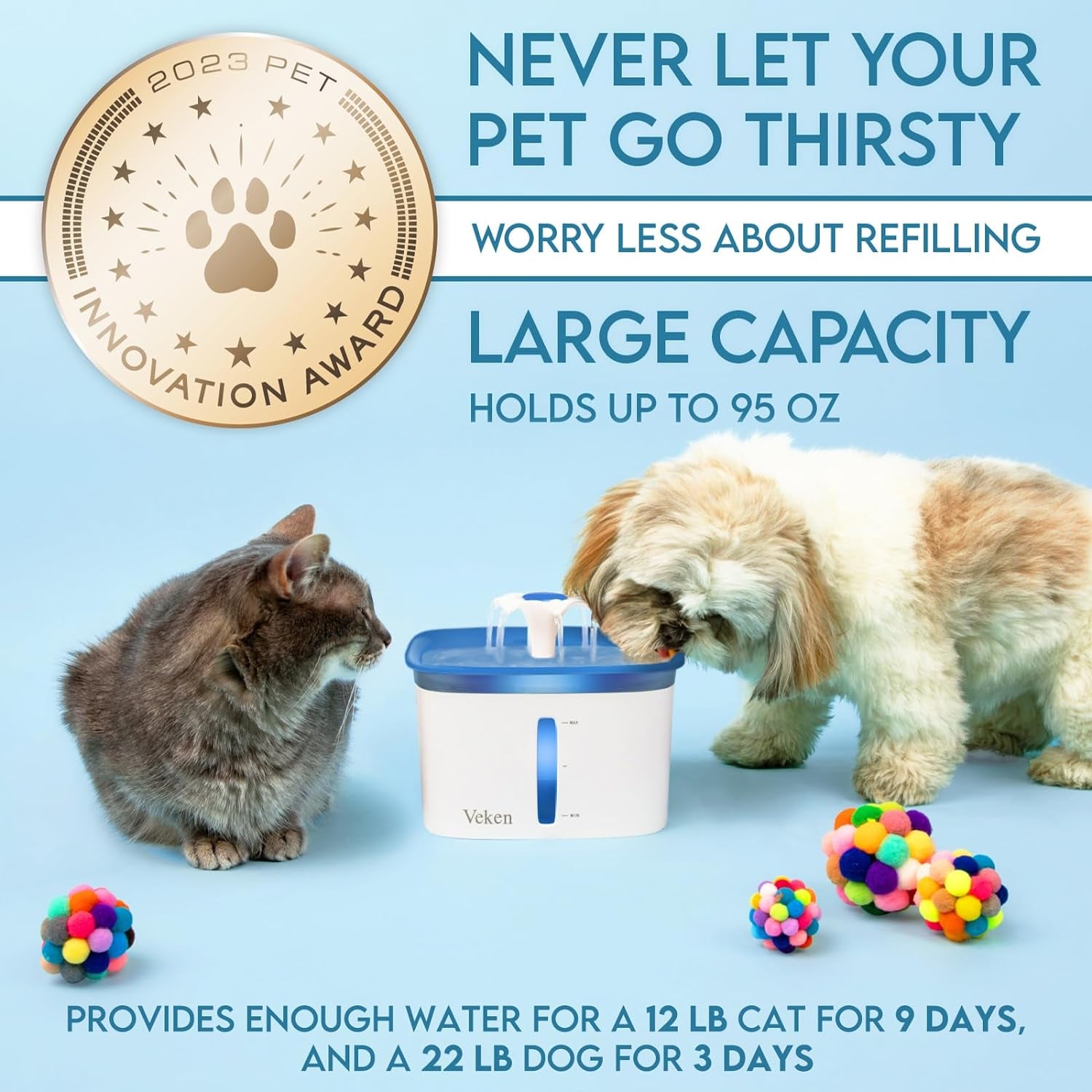 Innovation Award Winner 95Oz/2.8L Pet Fountain, Automatic Cat Water Fountain Dog Water Dispenser with Replacement Filters for Cats, Dogs, Multiple Pets (Blue, Plastic)