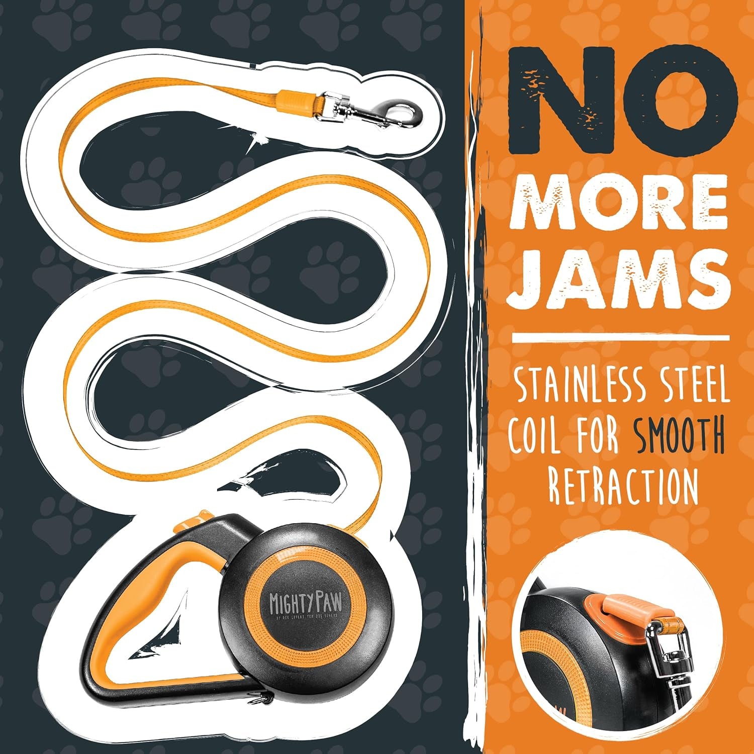 Retractable Dog Leash 2.0 | 16' Heavy Duty Reflective Nylon Tape Lead for Pets up to 0-50 Lbs. Tangle Free Design W/One Touch Quick-Lock Braking System & Anti-Slip Handle (Orange/Lite)