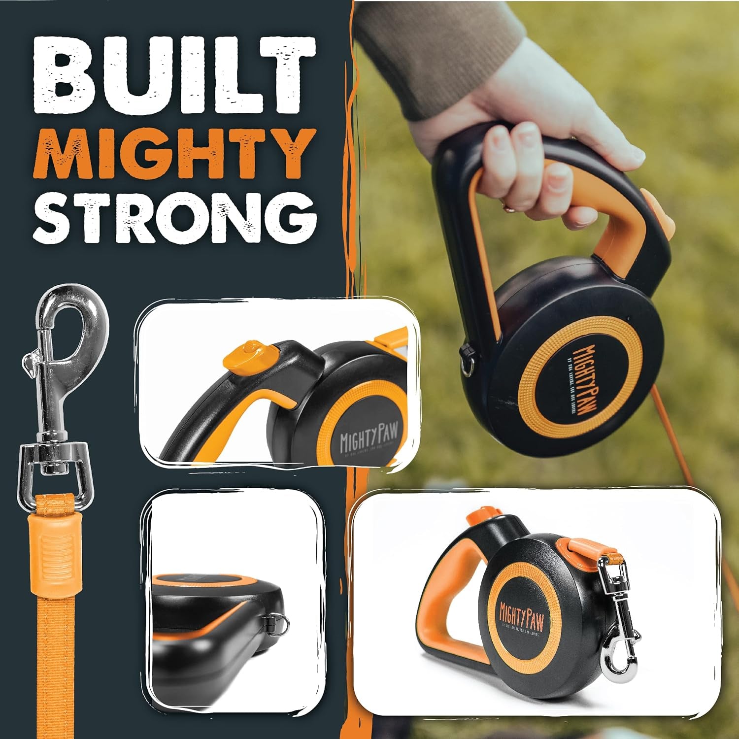 Retractable Dog Leash 2.0 | 16' Heavy Duty Reflective Nylon Tape Lead for Pets up to 0-50 Lbs. Tangle Free Design W/One Touch Quick-Lock Braking System & Anti-Slip Handle (Orange/Lite)