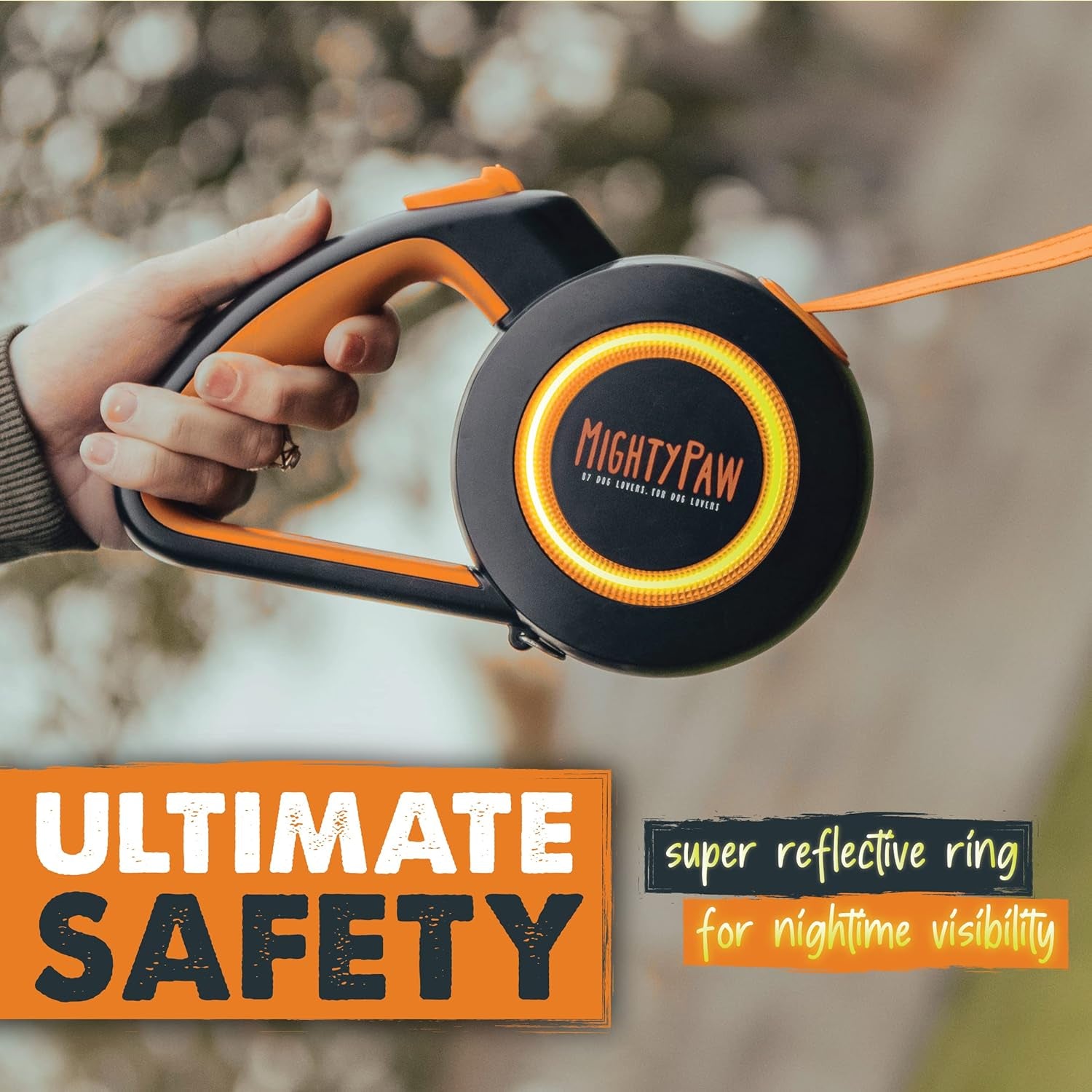 Retractable Dog Leash 2.0 | 16' Heavy Duty Reflective Nylon Tape Lead for Pets up to 0-50 Lbs. Tangle Free Design W/One Touch Quick-Lock Braking System & Anti-Slip Handle (Orange/Lite)