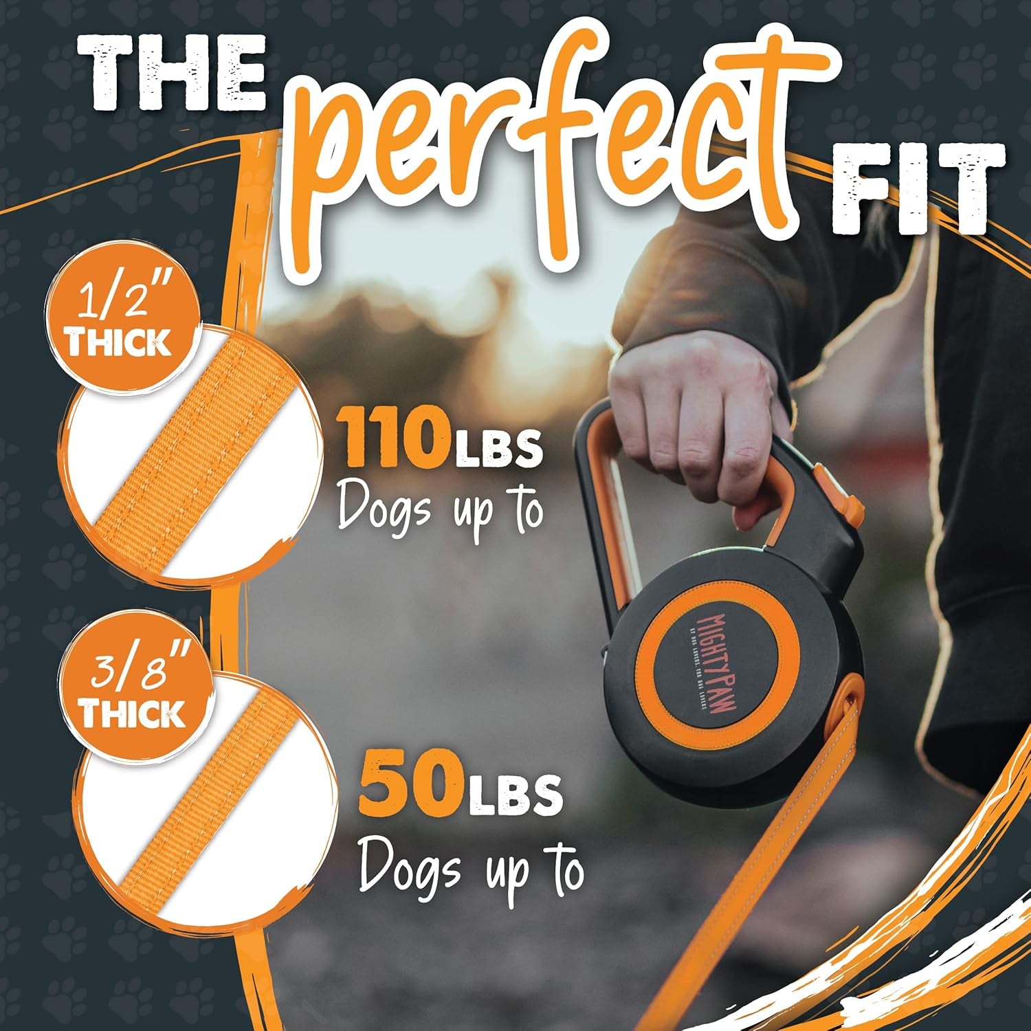 Retractable Dog Leash 2.0 | 16' Heavy Duty Reflective Nylon Tape Lead for Pets up to 0-50 Lbs. Tangle Free Design W/One Touch Quick-Lock Braking System & Anti-Slip Handle (Orange/Lite)